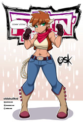 Size: 1347x2000 | Tagged: safe, artist:oldskullkid, arizona (tfh), human, them's fightin' herds, belly button, belt, breasts, clothes, community related, gloves, humanized, looking at you, solo, speech bubble, tomboy