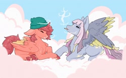 Size: 1750x1080 | Tagged: safe, artist:lanabeerawr, oc, oc:cloud puff, oc:sugar star, pegasus, pony, beanie, chest fluff, cloud, colored wings, colored wingtips, drugs, duo, eyes closed, floppy ears, hat, lying down, lying on a cloud, marijuana, on a cloud, smiling, smoking, spread wings, underhoof, wings