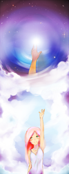 Size: 600x1500 | Tagged: safe, artist:derpiihooves, fluttershy, human, g4, 2012, clothes, cloud, dress, female, humanized, old art, reaching, sky, smiling, solo, stars, sundress