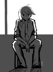 Size: 1278x1750 | Tagged: safe, artist:derpiihooves, applejack, human, g4, 2012, backlighting, chair, clothes, female, grayscale, humanized, katawa shoujo, looking at you, monochrome, old art, sitting, solo