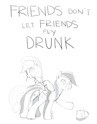 Size: 780x1000 | Tagged: safe, artist:derpiihooves, applejack, rainbow dash, earth pony, pegasus, pony, g4, 2012, blushing, bound wings, cider mug, cute, dashabetes, drunk, drunker dash, duo, eyes on the prize, female, flying while under the influence, gritted teeth, mare, mouth hold, mug, old art, public service announcement, reaching, rearing, restrained, rope, simple background, sketch, smiling, teeth, text, wings