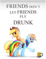 Size: 3279x4200 | Tagged: safe, artist:derpiihooves, applejack, rainbow dash, earth pony, pegasus, pony, g4, 2012, blushing, bound wings, cider mug, cute, dashabetes, drunk, drunker dash, duo, eyes on the prize, female, flying while under the influence, gritted teeth, high res, mare, mouth hold, mug, old art, public service announcement, reaching, rearing, restrained, rope, simple background, smiling, teeth, text, underhoof, white background, wings
