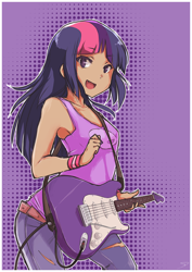 Size: 2480x3507 | Tagged: safe, artist:derpiihooves, twilight sparkle, human, g4, abstract background, april fools, armband, bare shoulders, canter girls, clothes, cute, cute little fangs, dark skin, electric guitar, fangs, female, guitar, high res, humanized, jeans, musical instrument, open mouth, pants, ripped jeans, ripped pants, sleeveless, smiling, solo, starswirl academy, tai saito, tank top, torn clothes