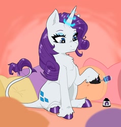 Size: 1080x1136 | Tagged: safe, artist:lanabeerawr, rarity, classical unicorn, pony, unicorn, g4, chest fluff, cloven hooves, female, glowing, glowing horn, hoof polish, horn, leonine tail, mare, pillow, solo, tail, unshorn fetlocks