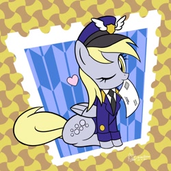 Size: 1200x1200 | Tagged: safe, artist:theratedrshimmer, derpy hooves, pegasus, pony, g4, cute, derpabetes, female, hat, heart, looking at you, mail, mailmare, mailmare hat, mailmare uniform, mouth hold, one eye closed, solo, wink, winking at you