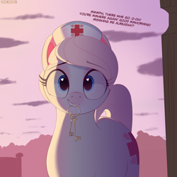 Size: 3000x3000 | Tagged: safe, artist:nording, nurse redheart, earth pony, pony, g4, cute, dialogue, female, hat, heart, heart eyes, heartabetes, high res, key, looking at you, mare, mouth hold, nurse hat, smiling, solo, speech, tail, talking, text, weapons-grade cute, wingding eyes