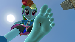 Size: 3840x2160 | Tagged: safe, artist:lulw73, rainbow dash, human, equestria girls, g4, barefoot, feet, female, fetish, foot fetish, foot focus, giantess, high res, macro, smiling, soles, solo, toes