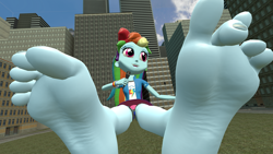 Size: 2560x1440 | Tagged: safe, artist:lulw73, rainbow dash, human, equestria girls, g4, 3d, barefoot, feet, female, fetish, foot fetish, foot focus, giantess, macro, microphone, singing, soles, solo, source filmmaker, wiggling toes