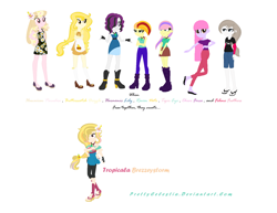 Size: 1956x1508 | Tagged: safe, artist:ilovelsa123, artist:prettycelestia, oc, oc only, oc:butterscotch drizzle, oc:cheerful force, oc:feline feathers, oc:harmonia lily, oc:hawaiian paradise, oc:raven note, oc:tiger eye, oc:tropicala brezzeystorm, human, equestria girls, g4, clothes, curly hair, flower, fusion, fusion:butterscotch drizzle, fusion:cheerful force, fusion:feline feathers, fusion:harmonia lily, fusion:hawaiian paradise, fusion:raven note, fusion:tiger eye, gem, gloves, hibiscus, high heels, shoes, simple background, siren gem, skirt, sunflower, white background