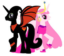 Size: 2992x2644 | Tagged: safe, artist:nathaniel718, alicorn, pony, adventure time, business suit, cartoon network, clothes, crown, dress, ear piercing, earring, female, high res, jewelry, looking at you, male, mare, nergal, nergal and princess bubblegum, piercing, ponified, princess bubblegum, regalia, shoes, simple background, stallion, the grim adventures of billy and mandy, white background