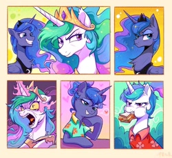 Size: 1178x1080 | Tagged: safe, artist:千雲九枭, idw, cosmos, princess celestia, princess luna, alicorn, pony, between dark and dawn, g4, sparkle's seven, spoiler:comic, spoiler:comic76, angry, clothes, crown, duo, duo female, eating, eye clipping through hair, eyebrows, female, folded wings, food, frown, grin, grumpy, hawaiian shirt, horn, jewelry, lidded eyes, mare, mouth hold, possessed, puffy cheeks, regalia, royal sisters, sandwich, scene interpretation, shirt, siblings, sisters, smiling, wings