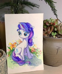 Size: 1818x2179 | Tagged: safe, artist:千雲九枭, rarity, pony, unicorn, g4, colored hooves, female, flower, sitting, solo, traditional art