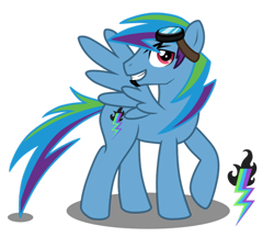 Size: 900x777 | Tagged: safe, artist:lugiaangel, oc, oc only, oc:lightning blitz, pegasus, pony, cutie mark, goggles, goggles on head, grin, male, raised hoof, simple background, smiling, solo, spread wings, stallion, transparent background, wings