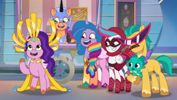 Size: 3072x1727 | Tagged: safe, screencap, hitch trailblazer, izzy moonbow, nightmare moon, pipp petals, sparky sparkeroni, sunny starscout, zipp storm, dragon, earth pony, pegasus, pony, unicorn, g5, haunted house (episode), my little pony: tell your tale, spoiler:g5, spoiler:my little pony: tell your tale, spoiler:tyts01e31, amalgamation, amalgamizzy, baby, baby dragon, cosplay, costume, female, grin, high res, male, mane five, mane stripe sunny, mare, nightmare moon armor, nightmare night costume, nightmare sunny, open mouth, open smile, royal sisters (g5), siblings, sisters, smiling, stallion, sunglasses, youtube link