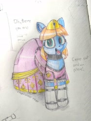 Size: 2351x3135 | Tagged: safe, artist:syndyfon, oc, oc only, oc:elonrie, earth pony, pony, robot, robot pony, animatronic, five nights at freddy's, high res, solo, tongue out, traditional art