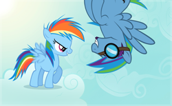 Size: 1691x1040 | Tagged: safe, artist:lugiaangel, rainbow dash, oc, oc:lightning blitz, pegasus, pony, g4, cloud, duo, duo male and female, eye contact, father and child, father and daughter, female, filly, filly rainbow dash, flying, foal, goggles, grin, looking at each other, looking at someone, male, on a cloud, pegasus oc, raised hoof, sky, smiling, smiling at each other, stallion, upside down, younger