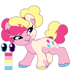 Size: 2000x2000 | Tagged: safe, artist:puppythekat (sofurry), pinkie pie, earth pony, pony, g4, alternate universe, colored hooves, female, hair bun, hairband, heart ears, heterochromia, high res, looking back, mare, pigtails, redesign, reference sheet, short, simple background, solo, transparent background, unshorn fetlocks