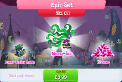 Size: 1266x858 | Tagged: safe, gameloft, mane-iac, earth pony, pony, g4, bundle, comic, costs real money, display, english, epic set, female, gem, mare, numbers, sale, solo, text