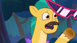 Size: 3072x1727 | Tagged: safe, screencap, hitch trailblazer, earth pony, pony, g5, haunted house (episode), my little pony: tell your tale, spoiler:g5, spoiler:my little pony: tell your tale, spoiler:tyts01e31, fake moustache, high res, male, open mouth, solo, stallion, sunglasses, youtube link