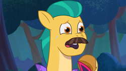 Size: 3072x1727 | Tagged: safe, screencap, hitch trailblazer, earth pony, pony, g5, haunted house (episode), my little pony: tell your tale, spoiler:g5, spoiler:my little pony: tell your tale, fake moustache, high res, male, open mouth, solo, stallion, youtube link