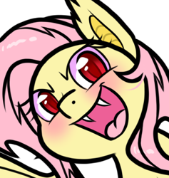 Size: 345x364 | Tagged: safe, artist:paperbagpony, fluttershy, bat pony, pony, g4, bat ponified, blushing, bust, fangs, flutterbat, open mouth, open smile, portrait, race swap, simple background, smiling, white background