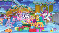 Size: 2048x1152 | Tagged: safe, dahlia, hitch trailblazer, izzy moonbow, kenneth, pipp petals, posey (g5), rocky (g5), sparky sparkeroni, sunny starscout, zipp storm, bird, bunnycorn, dragon, earth pony, pegasus, pony, rabbit, raccoon, raccoonicorn, seagull, unicorn, g5, my little pony: tell your tale, official, bauble, beanie, christmas, christmas lights, christmas tree, clothes, female, flower, flower in hair, hat, hearth's warming, holiday, looking at you, male, mane five (g5), mare, maretime bay, my little pony logo, present, scarf, snow, snowfall, stallion, tree, winter, winter outfit, youtube banner