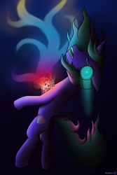 Size: 1800x2700 | Tagged: safe, oc, pony, unicorn, broken, colorful, colors, crying, dark, dark background, dramatic, dramatic lighting, dramatic pose, emotional, headphones, magic, shattered, solo, space, starry background, stars