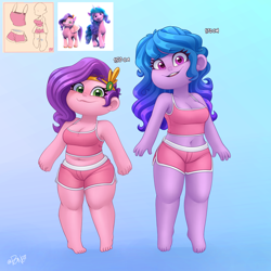 Size: 2600x2600 | Tagged: safe, artist:rivin177, izzy moonbow, pipp petals, human, pegasus, pony, unicorn, equestria girls, g4, g5, spoiler:g5, belly button, breasts, chubby, clothes, duo, duo female, equestria girls-ified, feet, female, g5 to equestria girls, g5 to g4, generation leap, hand, height difference, high res, outfit, pants, pipp is chubby, pipp is short, plump, reference, short pants, shortstack, simple background, smug, standing, tank top