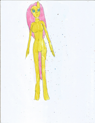 Size: 1700x2200 | Tagged: safe, artist:justinandrew1984, fluttershy, anthro, g4, barbie doll anatomy, breasts, featureless breasts, nudity, solo, traditional art