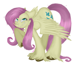 Size: 1349x1184 | Tagged: safe, artist:4agonism, part of a set, fluttershy, mean fluttershy, pegasus, pony, g4, the mean 6, ass up, bags under eyes, cheek fluff, chest fluff, clone, colored hooves, ear fluff, ears back, elbow fluff, evil grin, female, floppy ears, full body, grin, long tail, looking at you, mare, messy mane, raised hoof, smiling, solo, spread wings, tail, unshorn fetlocks, wavy mouth, wings, wings down
