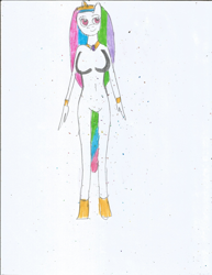 Size: 1700x2200 | Tagged: safe, artist:justinandrew1984, princess celestia, anthro, g4, barbie doll anatomy, breasts, featureless breasts, nudity, solo, traditional art