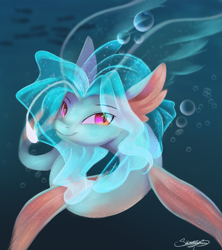 Size: 1643x1853 | Tagged: safe, artist:sketchiix3, oc, oc only, fish, hybrid, merpony, sea pony, seapony (g4), blue background, blue mane, bubble, cute, digital art, female, fin wings, fins, fish tail, glowing, looking at you, mare, ocean, pink eyes, signature, simple background, smiling, smiling at you, solo, swimming, tail, underwater, water, wings