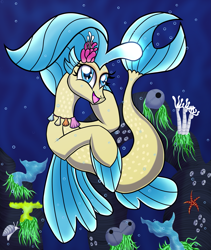 Size: 1829x2162 | Tagged: safe, artist:heartshielder1991, princess skystar, seapony (g4), starfish, g4, my little pony: the movie, bioluminescent, blue eyes, bubble, coral, cute, digital art, dorsal fin, eyelashes, female, fin wings, fins, fish tail, flower, flower in hair, flowing mane, freckles, glowing, jewelry, looking at you, necklace, ocean, open mouth, pearl necklace, reef, scales, seashell, seashell necklace, seaweed, shell, smiling, smiling at you, solo, swimming, tail, underwater, water, wings