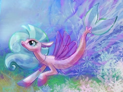 Size: 2224x1668 | Tagged: safe, artist:catscratchpaper, silverstream, seapony (g4), g4, abstract background, blue mane, coral, female, fin wings, fins, fish tail, flowing mane, flowing tail, jewelry, necklace, ocean, seapony silverstream, seashell necklace, seaweed, smiling, solo, swimming, tail, underwater, water, wings