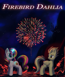 Size: 3917x4595 | Tagged: safe, artist:bluest-ayemel, spitfire, sunset shimmer, pegasus, pony, unicorn, fanfic:firebird dahlia, g4, canterlot, fanfic, fanfic art, fanfic cover, female, fireworks, flower, siblings, sisters