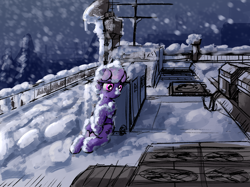 Size: 2000x1494 | Tagged: safe, artist:uteuk, oc, oc only, oc:natrix capefiv, earth pony, pony, alone, antenna, cold, depressed, female, mare, rooftop, sitting, sketch, snow, snowfall, solo