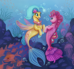 Size: 2886x2711 | Tagged: safe, artist:bartholomaei, pinkie pie, princess skystar, fish, jellyfish, piranha, seapony (g4), g4, my little pony: the movie, blue eyes, bubble, digital art, dorsal fin, eyelashes, female, fin wings, fins, fish tail, flower, flower in hair, freckles, glowing, high res, jewelry, lesbian, looking at each other, looking at someone, mare, necklace, ocean, open mouth, pearl necklace, seaponified, seapony pinkie pie, seashell, seashell necklace, ship:skypie, shipping, smiling, smiling at each other, species swap, swimming, tail, underwater, water, wings