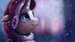 Size: 1920x1080 | Tagged: safe, artist:camyllea, rarity, pony, unicorn, g4, blurry background, clothes, female, lacrimal caruncle, mare, scarf, smiling, snow, snowfall, solo