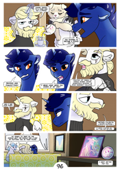 Size: 2100x3000 | Tagged: safe, artist:loryska, fancypants, prince blueblood, princess celestia, oc, oc:daffodil, oc:indigo sky, diamond dog, pony, unicorn, comic:friendship grows, g4, high res, magical lesbian spawn, offspring, parent:trixie, parent:twilight sparkle, parents:twixie