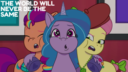 Size: 1920x1080 | Tagged: safe, edit, edited screencap, editor:quoterific, screencap, izzy moonbow, posey bloom, sunny starscout, earth pony, pony, unicorn, g5, my little pony: tell your tale, sneaksy strikes again, spoiler:g5, spoiler:my little pony: tell your tale, spoiler:tyts01e34, female, mane stripe sunny, mare