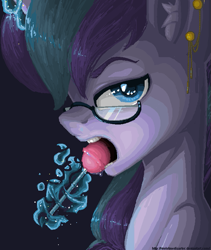 Size: 639x757 | Tagged: safe, artist:violet-era, oc, oc only, oc:medea violet ring, pony, unicorn, 2016, bust, candy, drool, ear piercing, earring, food, glasses, jewelry, looking at you, magic, magic aura, ms paint, piercing, portrait