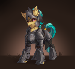 Size: 3224x2968 | Tagged: safe, artist:dorkmark, oc, oc only, oc:karoline skies, earth pony, pony, armor, armored pony, chainmail, female, frown, helmet, looking at you, lord of the rings, mare, simple background, solo