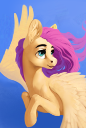 Size: 724x1080 | Tagged: safe, artist:28gooddays, fluttershy, pegasus, pony, g4, bust, ear fluff, eyebrows, female, flying, gradient background, looking away, looking up, mare, open mouth, smiling, solo, spread wings, three quarter view, turned head, windswept mane, wings
