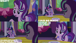 Size: 4400x2475 | Tagged: safe, edit, edited screencap, editor:quoterific, screencap, starlight glimmer, twilight sparkle, alicorn, pony, unicorn, g4, no second prances, duo, duo female, female, fork, grin, knife, mare, nervous, nervous smile, oh, open mouth, plate, smiling, spoon, twilight sparkle (alicorn), twilight's castle