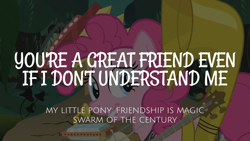 Size: 1920x1080 | Tagged: safe, edit, edited screencap, editor:quoterific, screencap, pinkie pie, earth pony, pony, g4, swarm of the century, female, grin, guitar, harmonica, looking back, mare, musical instrument, one-man band, one-mare band, one-pony band, smiling, solo, tuba