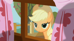 Size: 520x293 | Tagged: safe, screencap, applejack, earth pony, pony, g4, the show stoppers, animated, apple, apple tree, backing away, clubhouse, crusaders clubhouse, eyes closed, floppy ears, gritted teeth, implied apple bloom, implied scootaloo, one eye closed, shadow, teeth, tree, wince, window