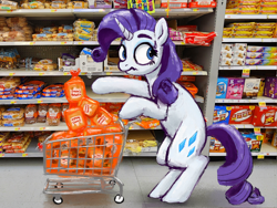Size: 2720x2048 | Tagged: safe, artist:phutashi, rarity, pony, unicorn, g4, bipedal, bipedal leaning, bread, female, food, grocery store, high res, irl, leaning, looking around, mare, nervous, photo, ponies in real life, rolls, shopping, shopping cart, solo