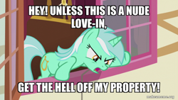 Size: 800x450 | Tagged: safe, edit, edited screencap, screencap, lyra heartstrings, g4, slice of life (episode), caption, futurama, image macro, male, text, we don't normally wear clothes