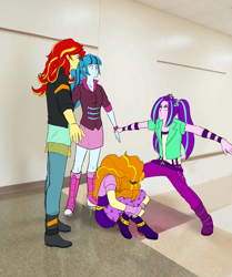 Size: 1922x2298 | Tagged: safe, artist:daazzlin, adagio dazzle, aria blaze, sonata dusk, sunset shimmer, human, equestria girls, g4, abuse, adagiabuse, arms spread out, asserting dominance, bully, bullying, dominance, equestria girls in real life, female, fetal position, hallway, high res, irl, meme, photo, photoshop, ponified meme, surrounded, t pose, the dazzlings