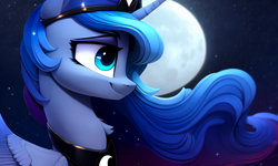Size: 2560x1536 | Tagged: safe, ai assisted, ai content, artist:darbarri, generator:stable diffusion, princess luna, alicorn, pony, g4, close-up, cute, folded wings, moon, night, smiling, smirk, solo, stars, wallpaper, wings